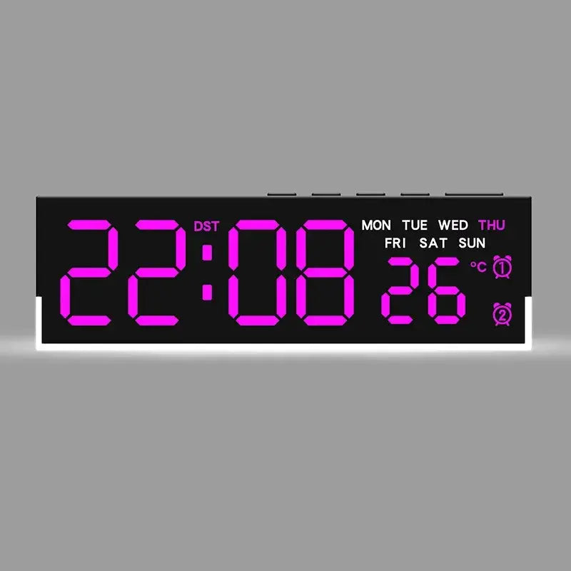 USB powered digital alarm clock with purple LED digits displaying time, day of week, and 26°C