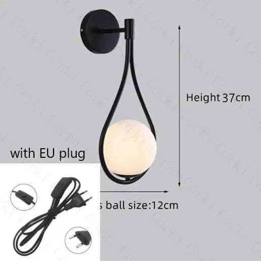 Nordic Glass Ball LED Wall Lamp by Simples Market; black metal wall sconce with glass globe, 37 cm tall, EU plug