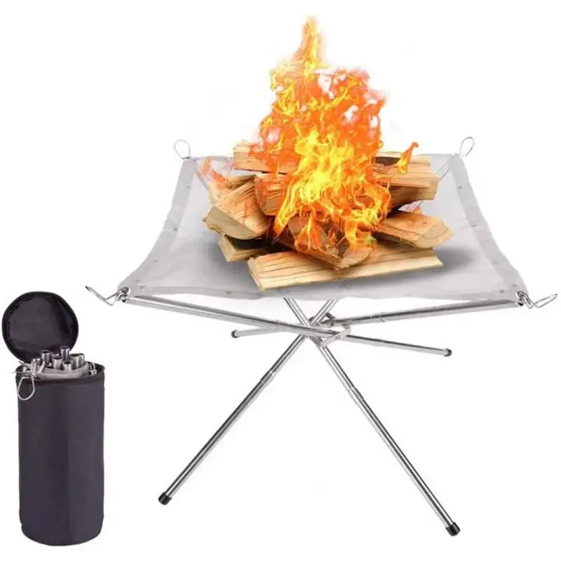 Portable stainless steel campfire pit with foldable frame and mesh top; 2-piece set includes carry bag