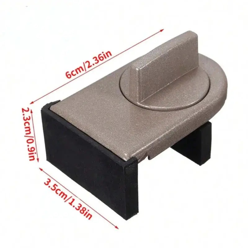 Window safety lock, aluminum alloy sliding lock with gray body and black legs; 6 cm long, 2.3 cm high, 3.5 cm wide.