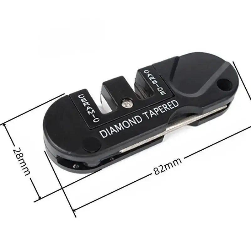 Black 4-in-1 mini knife sharpener with diamond-tapered slots, compact 82x28mm