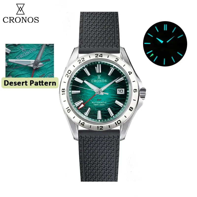 Cronos GS Mechanical Men Watch 39mm with Birch Pattern GMT dial, sapphire glass, brushed bracelet