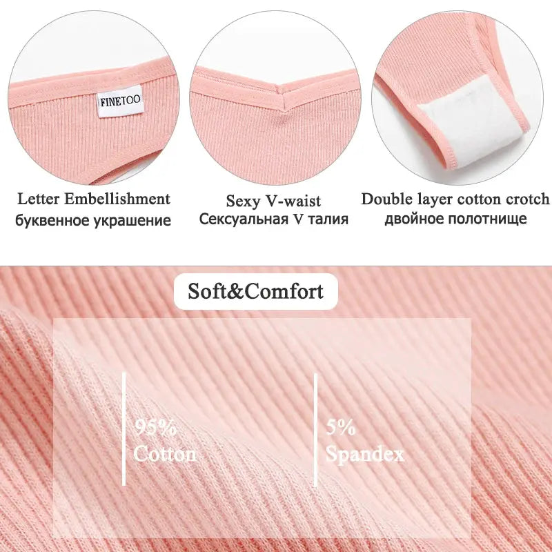 FINETOO 3-piece pink cotton panties set; low-rise V-waist thongs with double-layer cotton crotch, 95% cotton 5% spandex