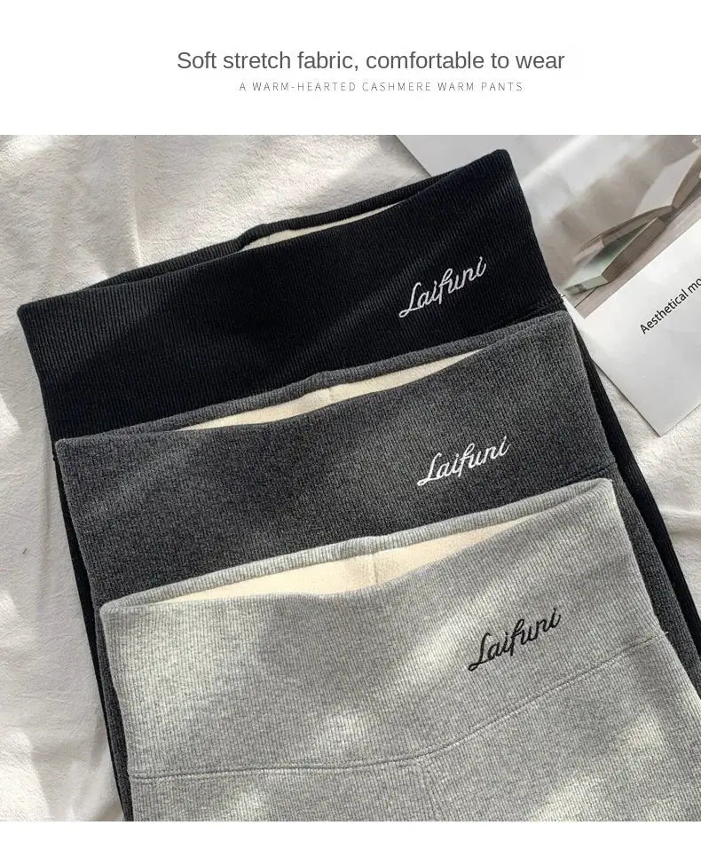 Three-piece winter warm leggings set in black, charcoal, and light gray with Laifunl logo on high-waist waistband
