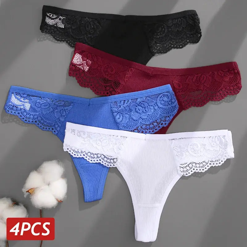 4-piece set of women's cotton lace thongs with V-waist, in black, burgundy, blue and white