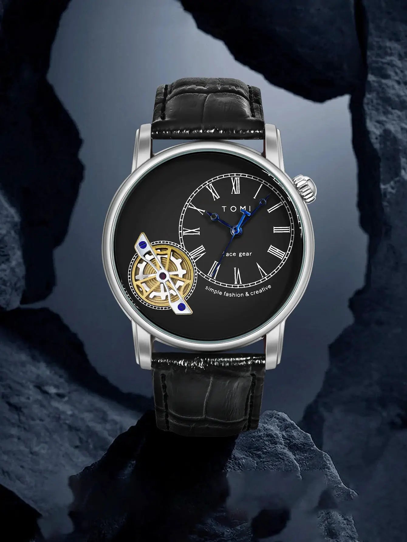 TOMI men's quartz watch with black leather strap, blue hands and visible gear detail on black dial