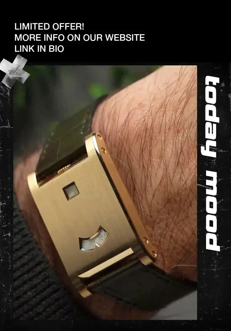 Gold-tone square men's tank watch with black leather strap by Simples Market