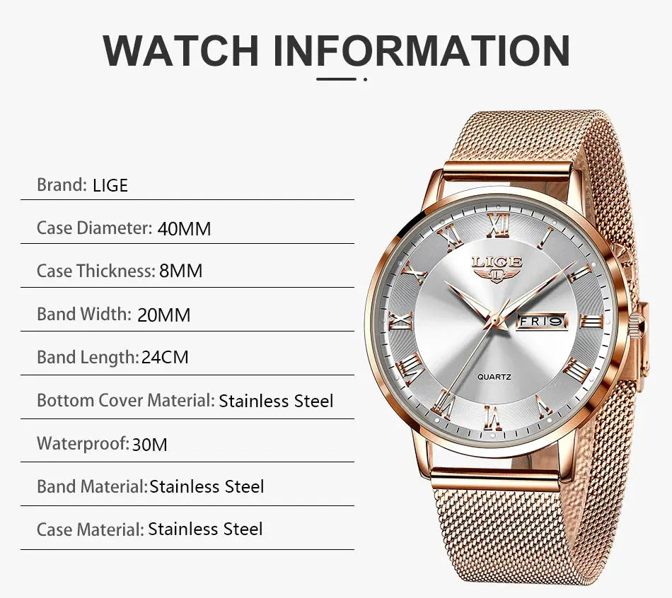 LIGE women's rose-gold stainless steel mesh bracelet watch with silver dial and date window, 30m water resistant.