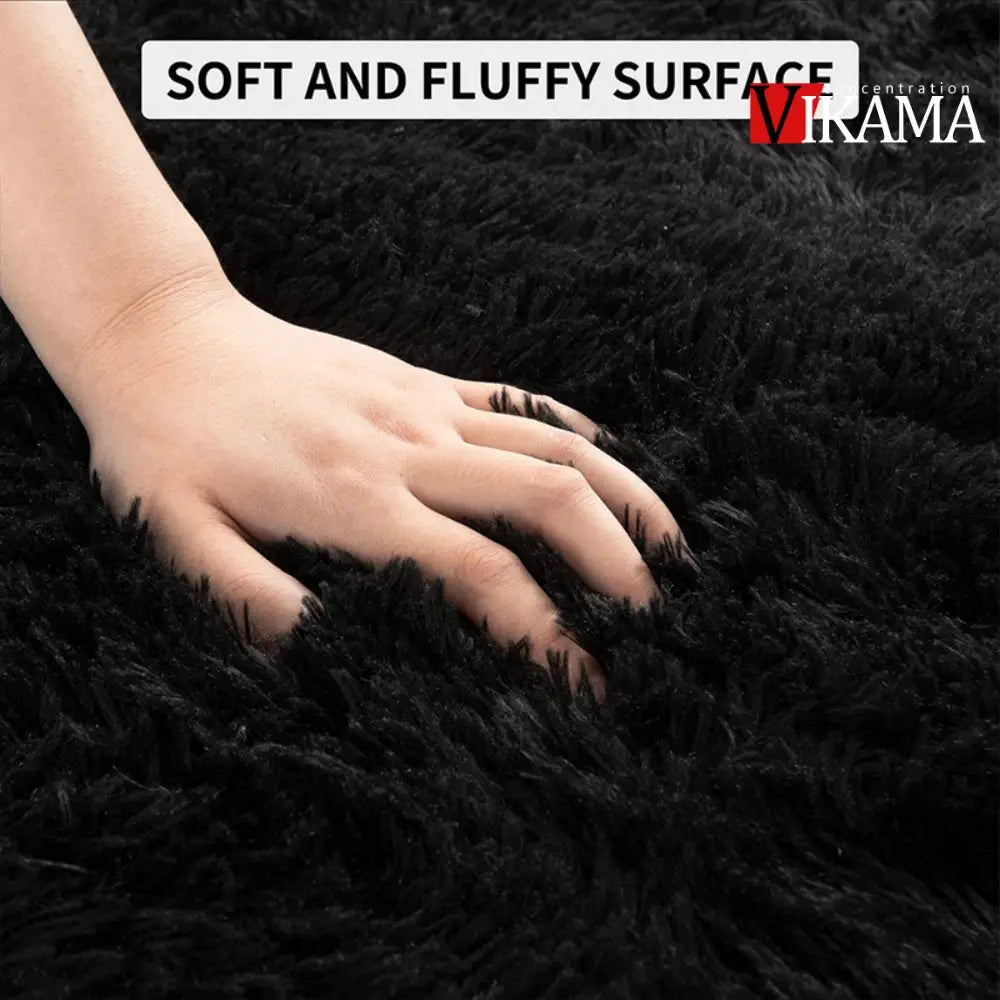 VIKAMA black fluffy shag area rug with soft plush surface; large bedroom and living-room carpet