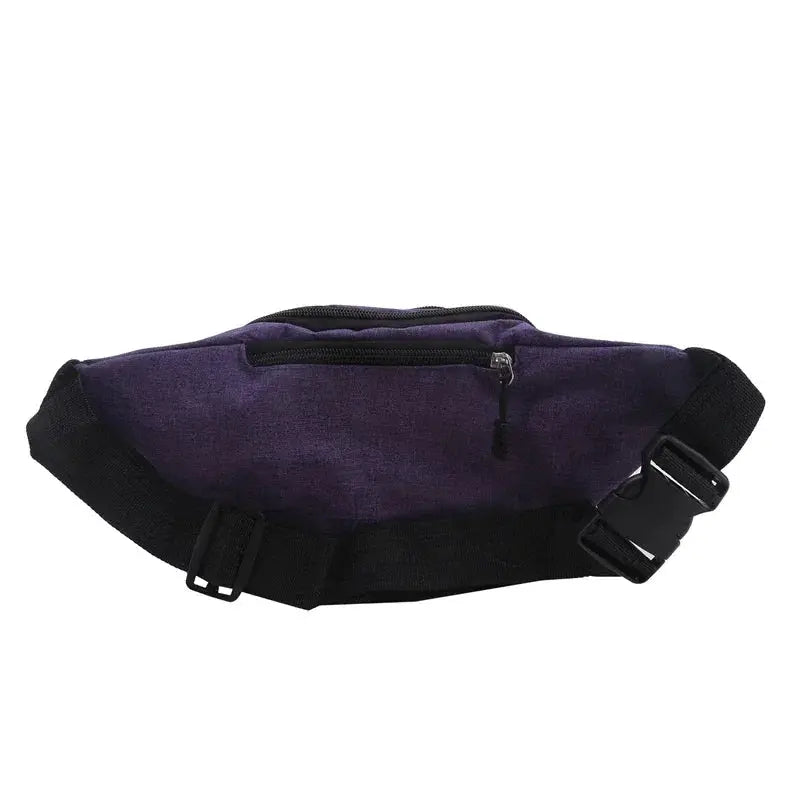 Mobile waist bag in purple fabric with black adjustable strap and zip pocket