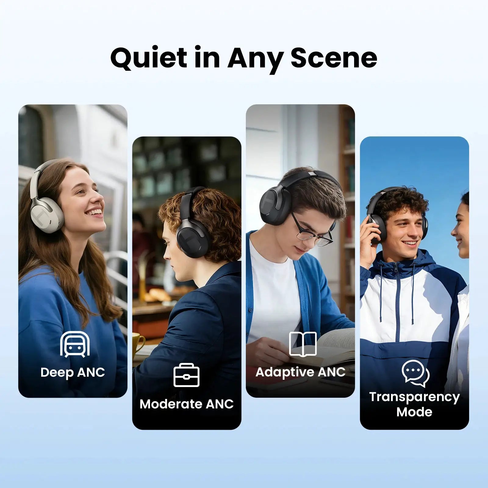 HAYLOU S40 ANC wireless over-ear headphones; four wearers show Deep/Adaptive/Moderate ANC and Transparency Mode.