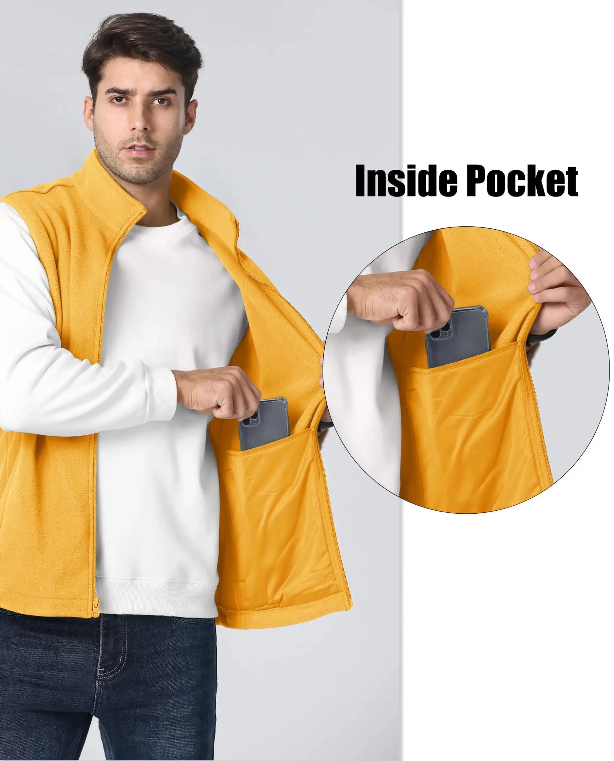TACVASEN fleece vest for men; yellow, stand-collar sleeveless jacket with zip and inner pocket