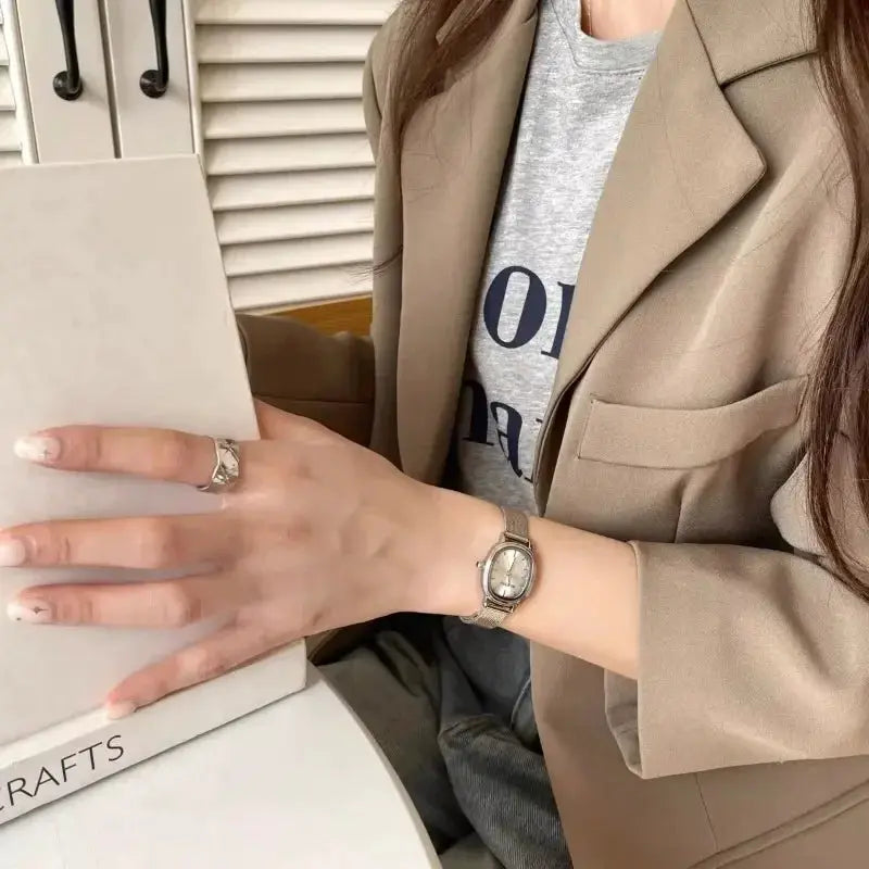 LuxeWear Small Oval Green Dial Stainless Steel Quartz Watch For Women Elegant Everyday Timepiece