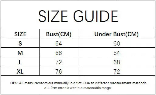 Simples Market bra size guide showing bust and under-bust measurements for sizes S–XL
