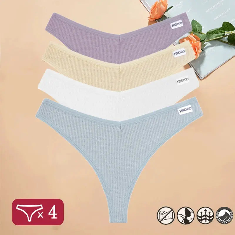 4-pack women's waffle-knit cotton thong panties in lavender, pale yellow, white, and blue with V-waist