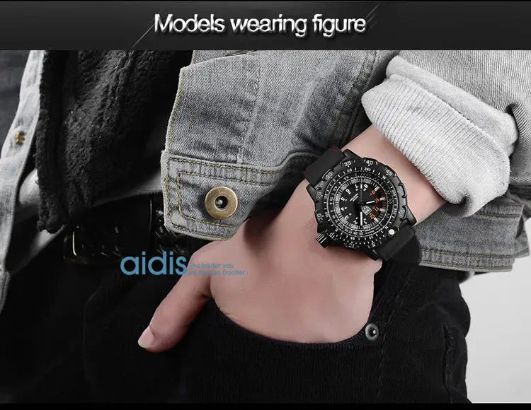 Addies military watch for men; black tactical quartz wristwatch with luminous dial and waterproof design