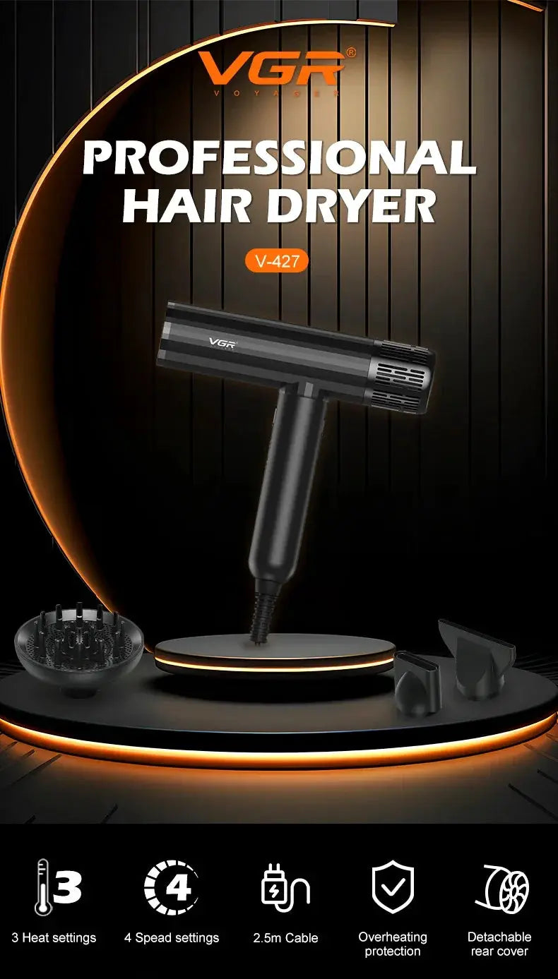 VGR V-427 professional hair dryer in black with three attachments on display.