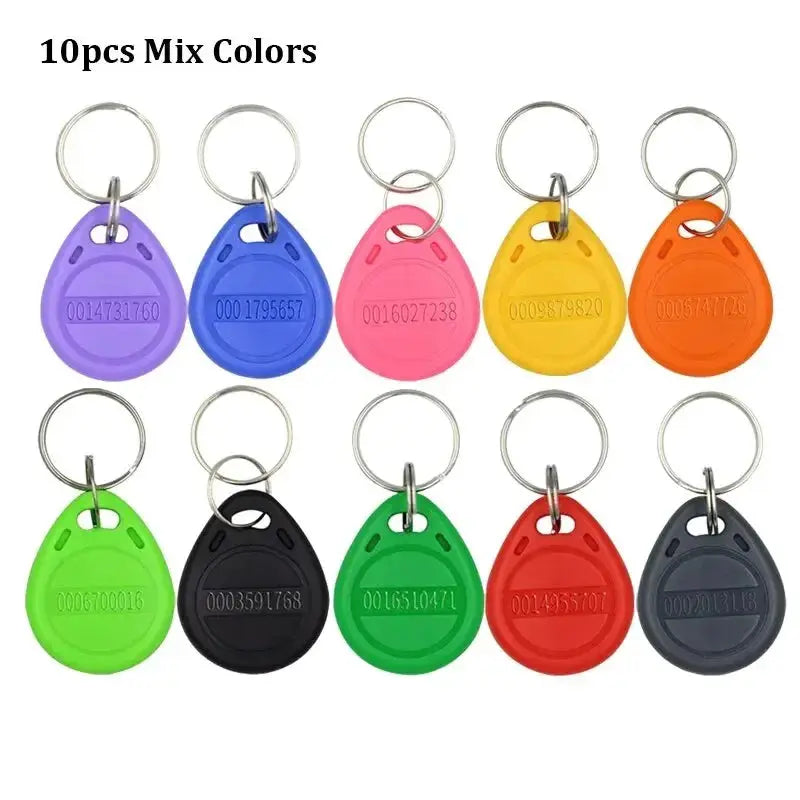 10-pack 125KHz RFID TK4100 EM4100 proximity keyfobs in mix colors on metal key rings
