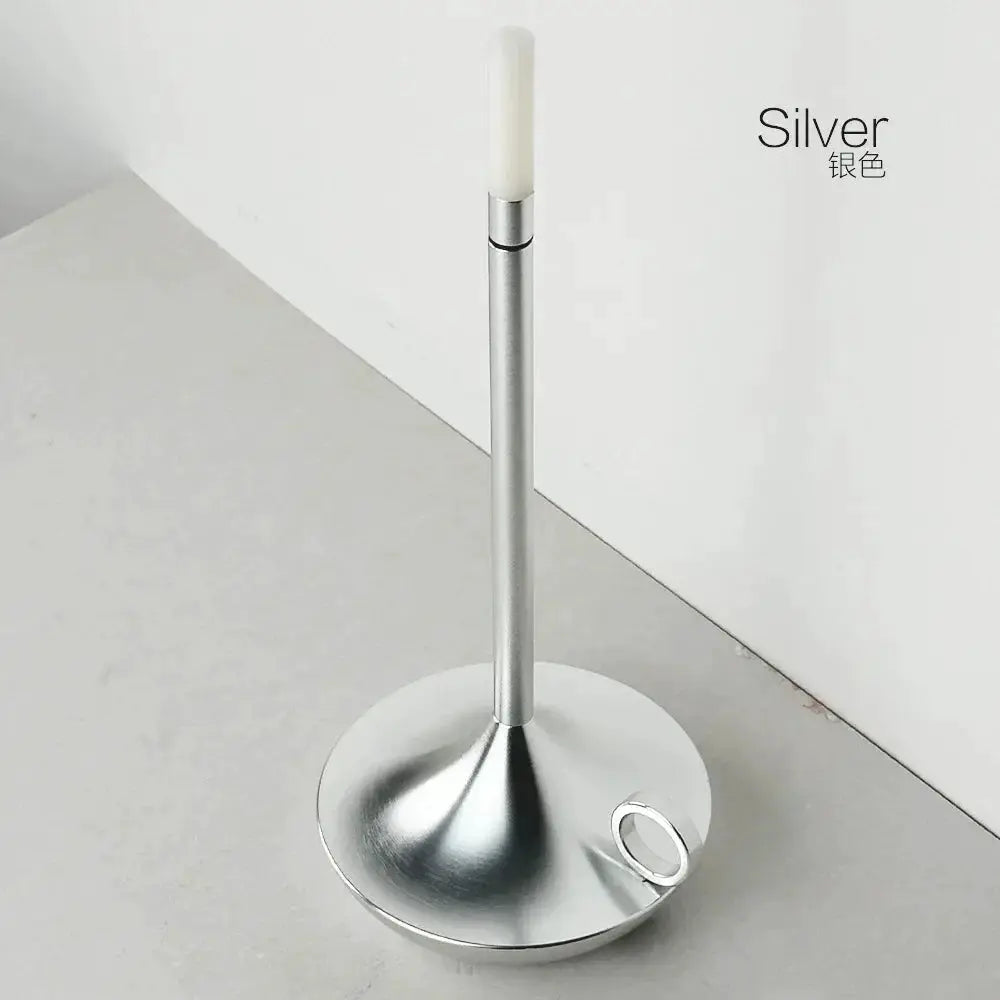 LED candle lamp in silver metal with round base, slim vertical stem, and touch control ring