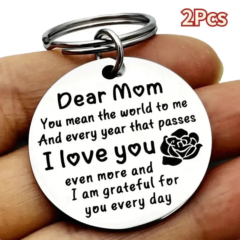 Stainless steel round keychain set, 2 pieces, white face with black handwritten Dear Mom I Love You text and rose motif