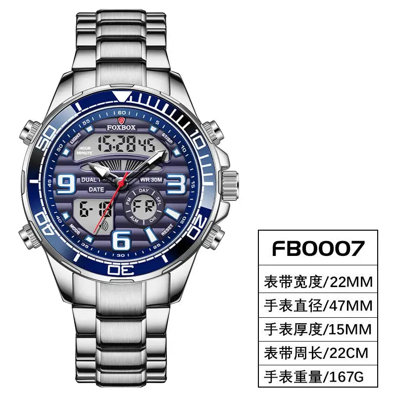 FOXBOX military sport wristwatch with stainless steel band and blue dial with digital-analog display