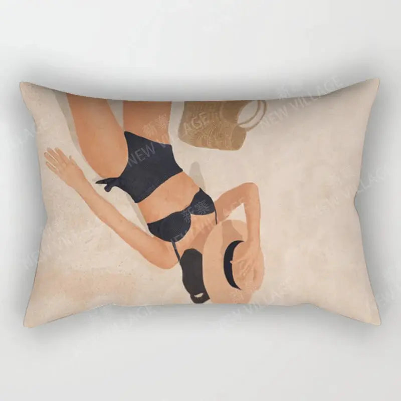 Throw pillow cover by Simples Market; beige background with abstract woman in black bikini and hat, Nordic fall boho.