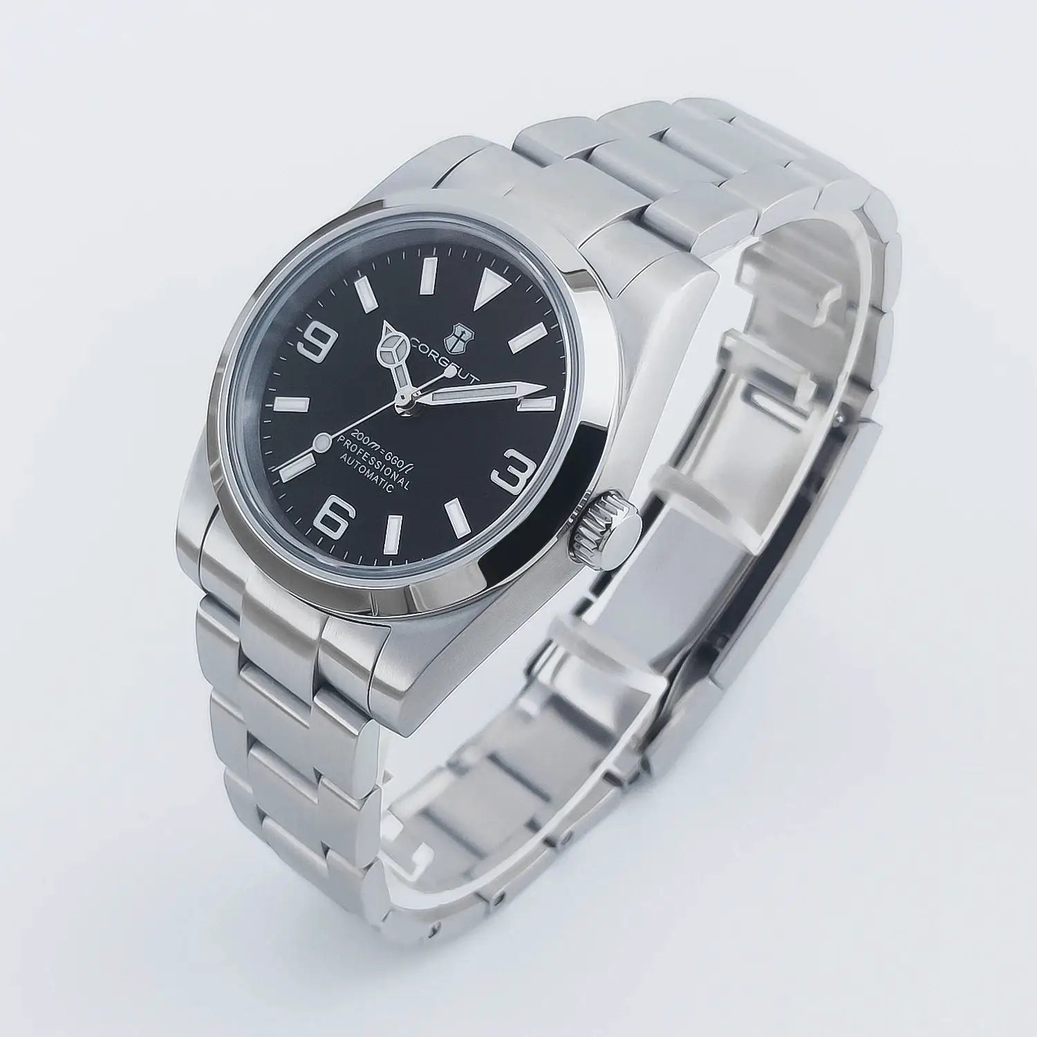 Corgeut stainless steel men's watch with black dial, sapphire crystal, NH35 Miyota8215 automatic movement