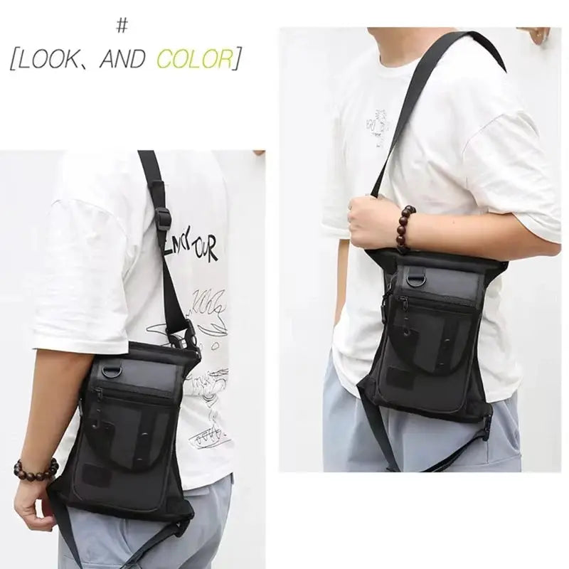 Climbing leg bag by Simples Market, black cross-body waist pack with multiple pockets for phone and essentials.