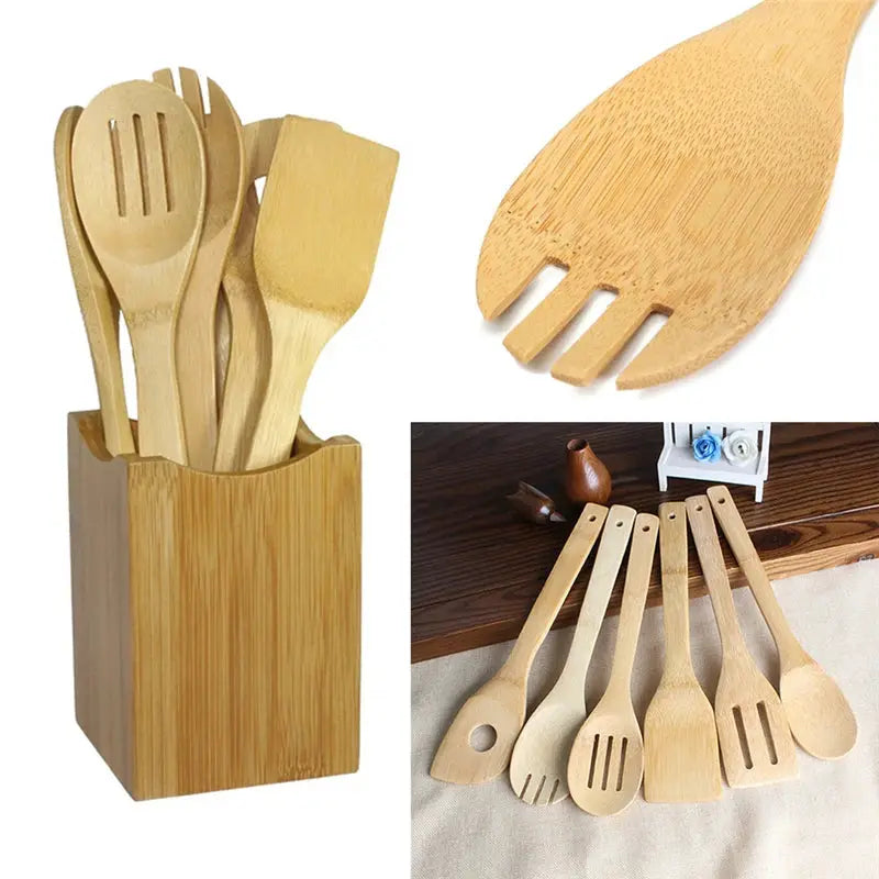 Eco Bamboo 6 Piece Kitchen Utensil Set With Spoons And Spatulas Durable Eco Friendly Cooking Tools