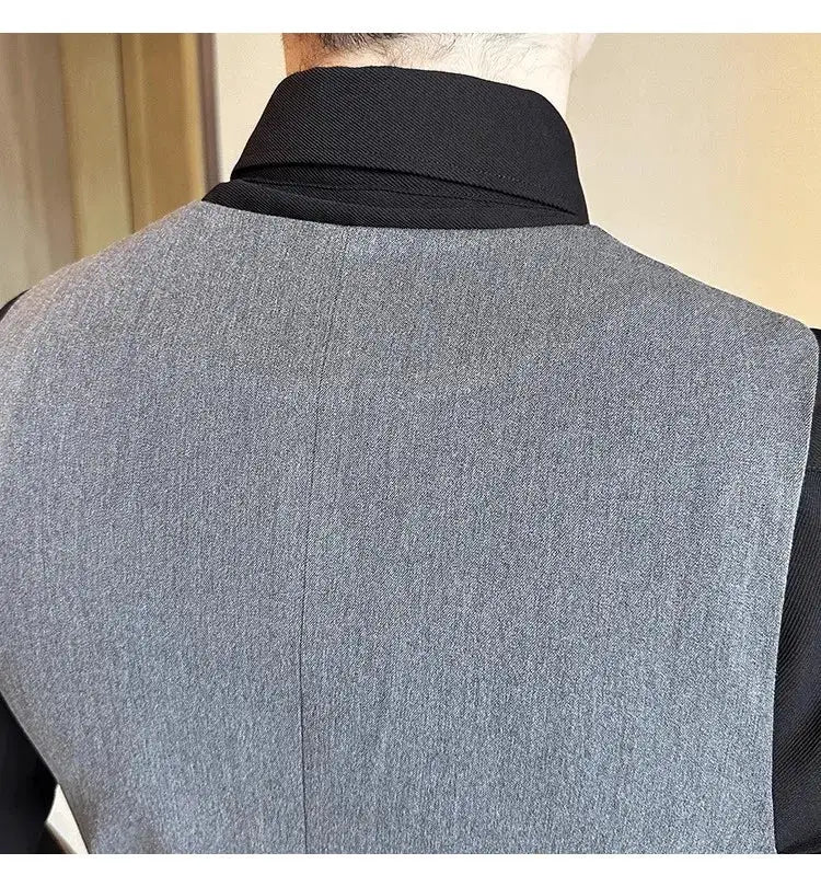 Simples Market S-7XL waistcoat in grey solid color with black collar; back view.