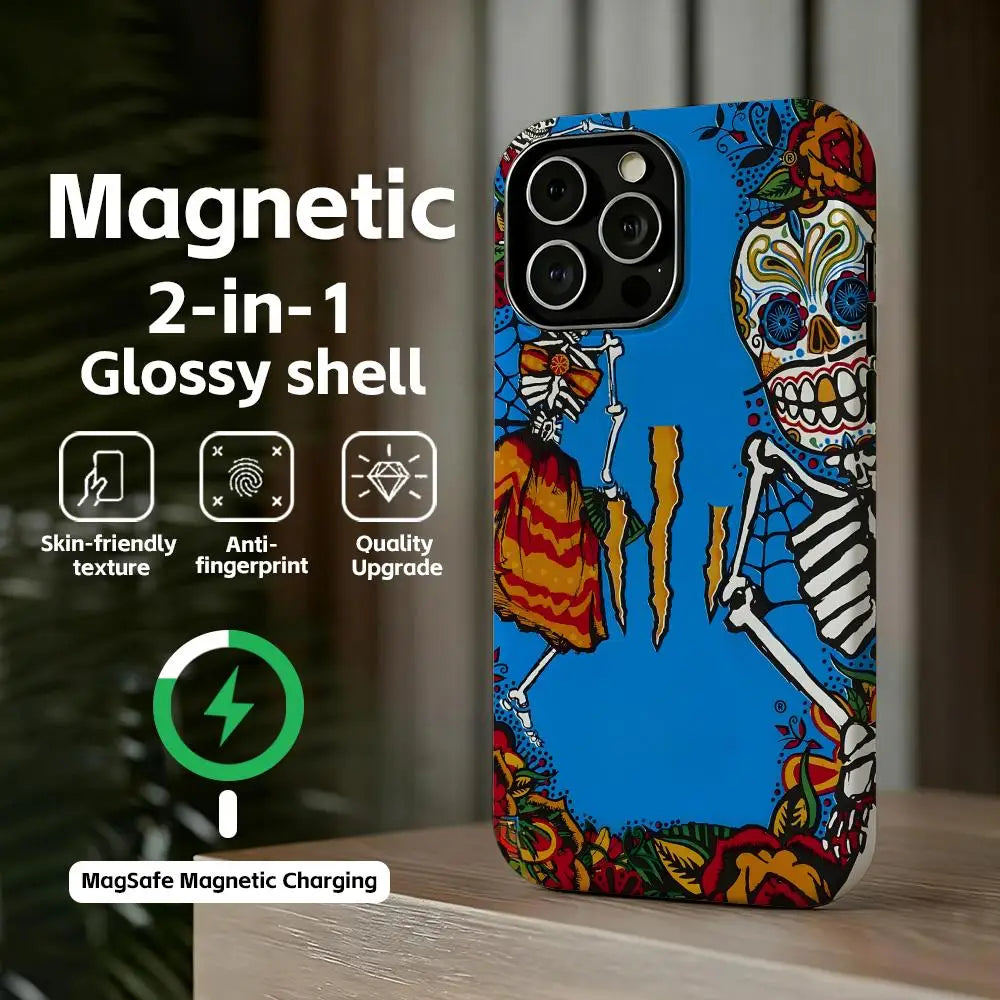 Phone case with blue sugar-skull skeleton artwork; magnetic 2-in-1 glossy shell for iPhone series