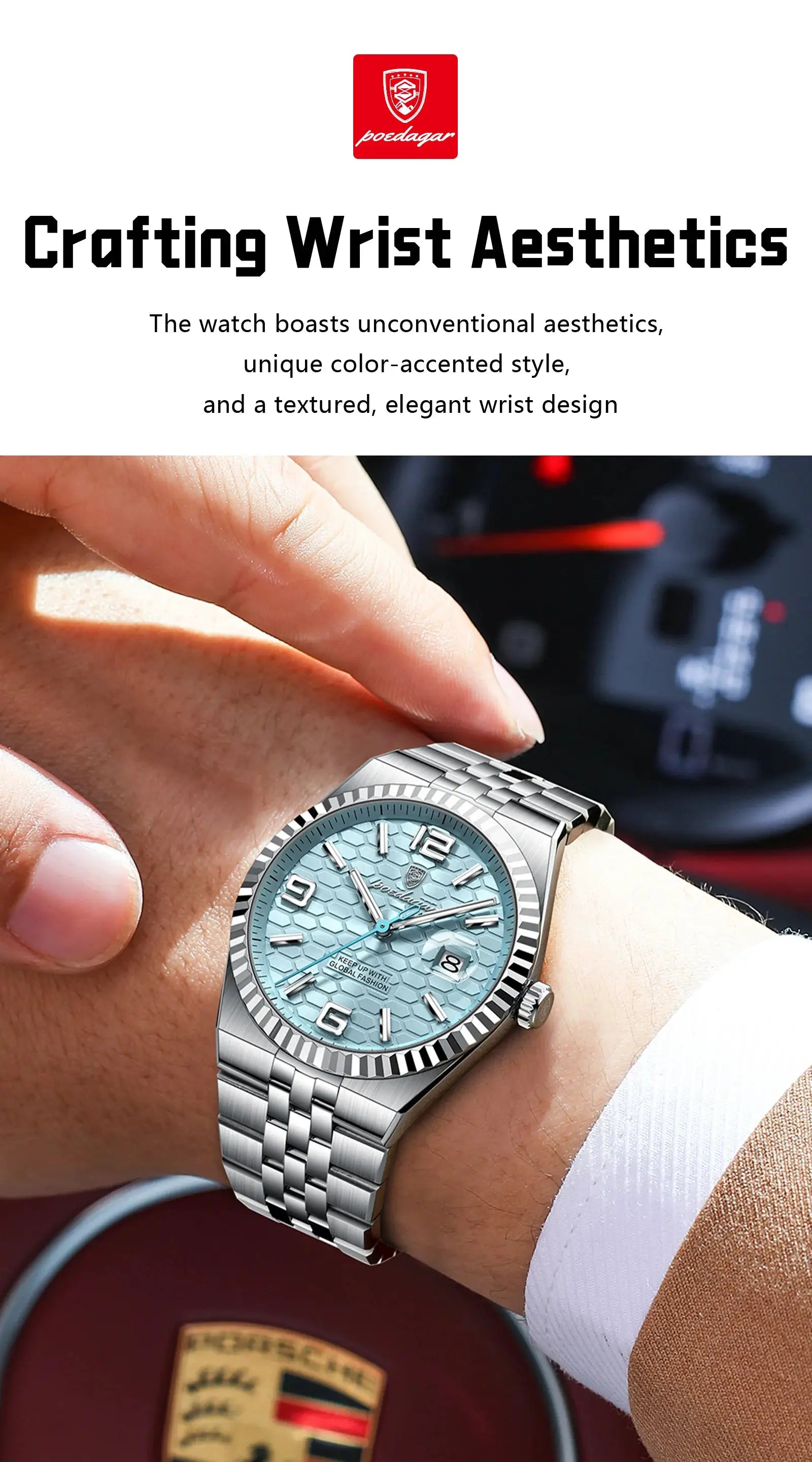 POEDAGAR stainless steel men's watch with light-blue dial, luminous hands, date window, and metal bracelet.