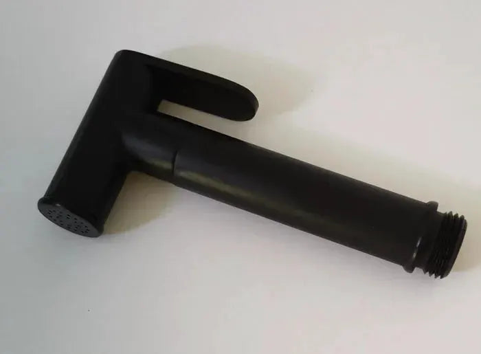 Handheld black bidet shower head with perforated spray holes and threaded connector.