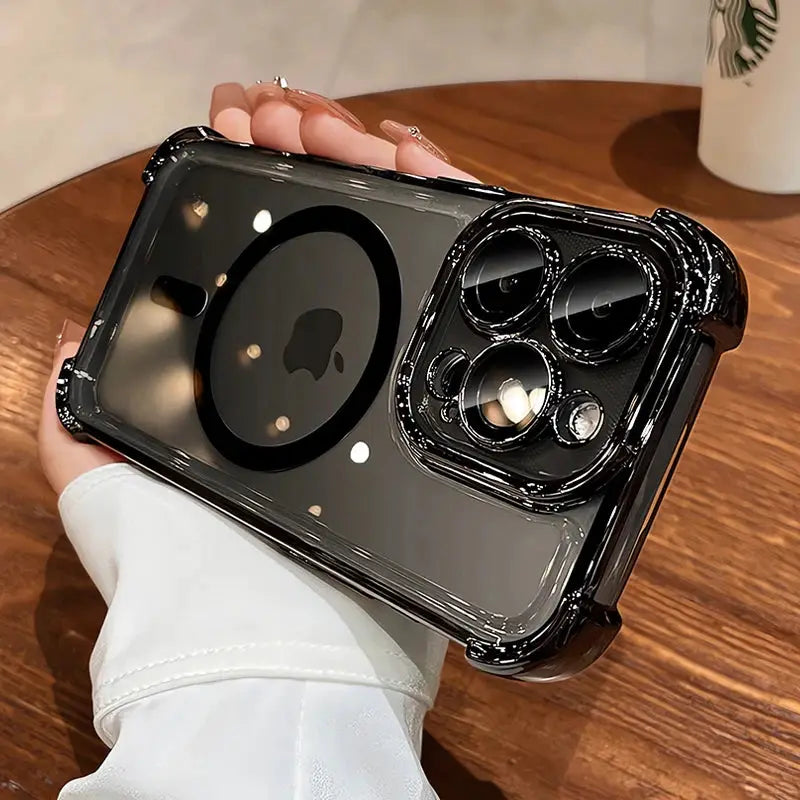 Transparent shockproof iPhone case with airbag around camera module, MagSafe compatible