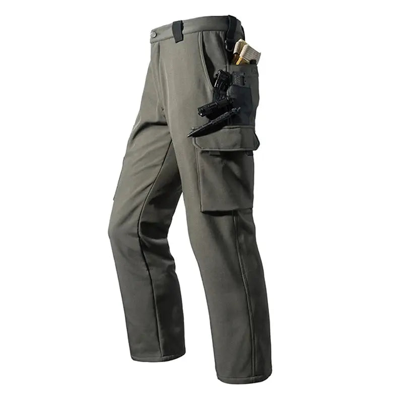 Simples Market men's cargo hiking pants, olive gray fleece softshell with tool pockets, sizes M-5XL