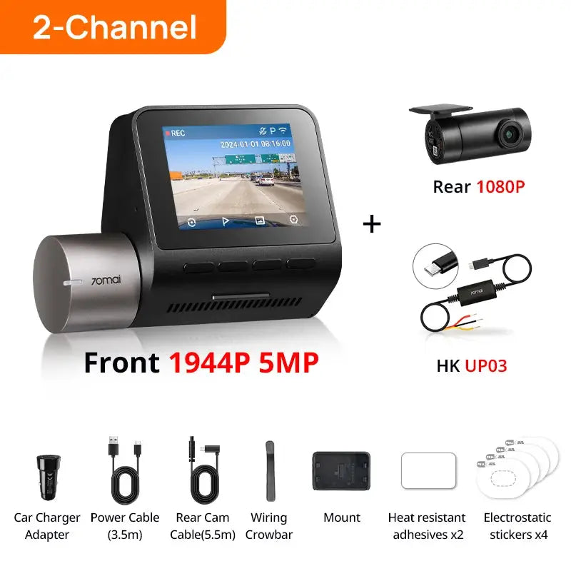 70mai Dash Cam A510 2-channel front 1944P/5MP and rear 1080P with mounting kit and cables