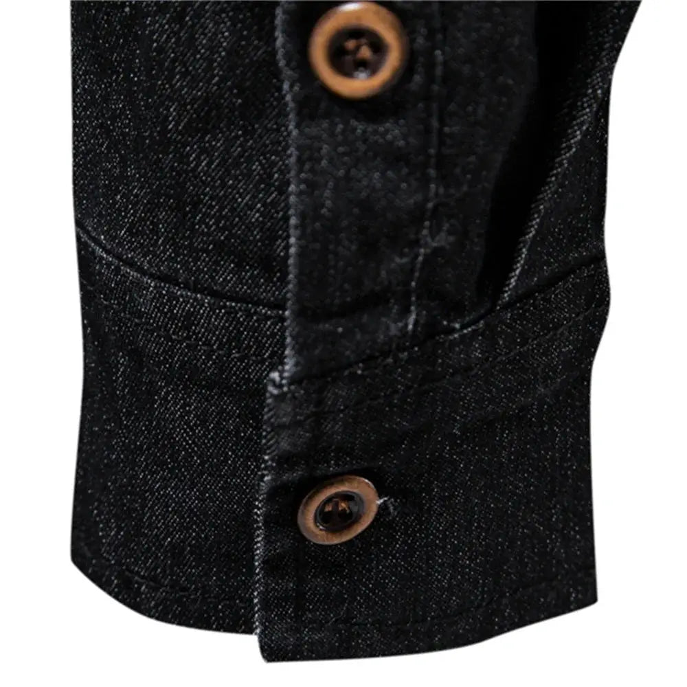 Men's denim shirt long sleeve with brown buttons, dark indigo cotton denim fabric