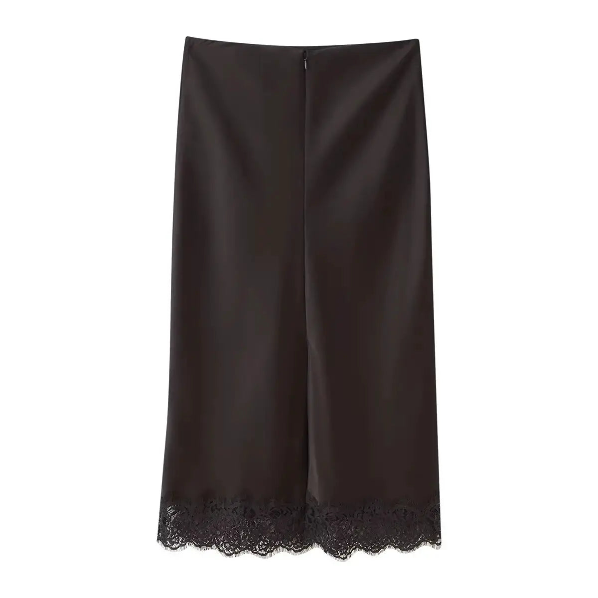 Satin wrap-around long skirt with lace trim, brown, Simples Market TFMLN Elegant Lace Splice