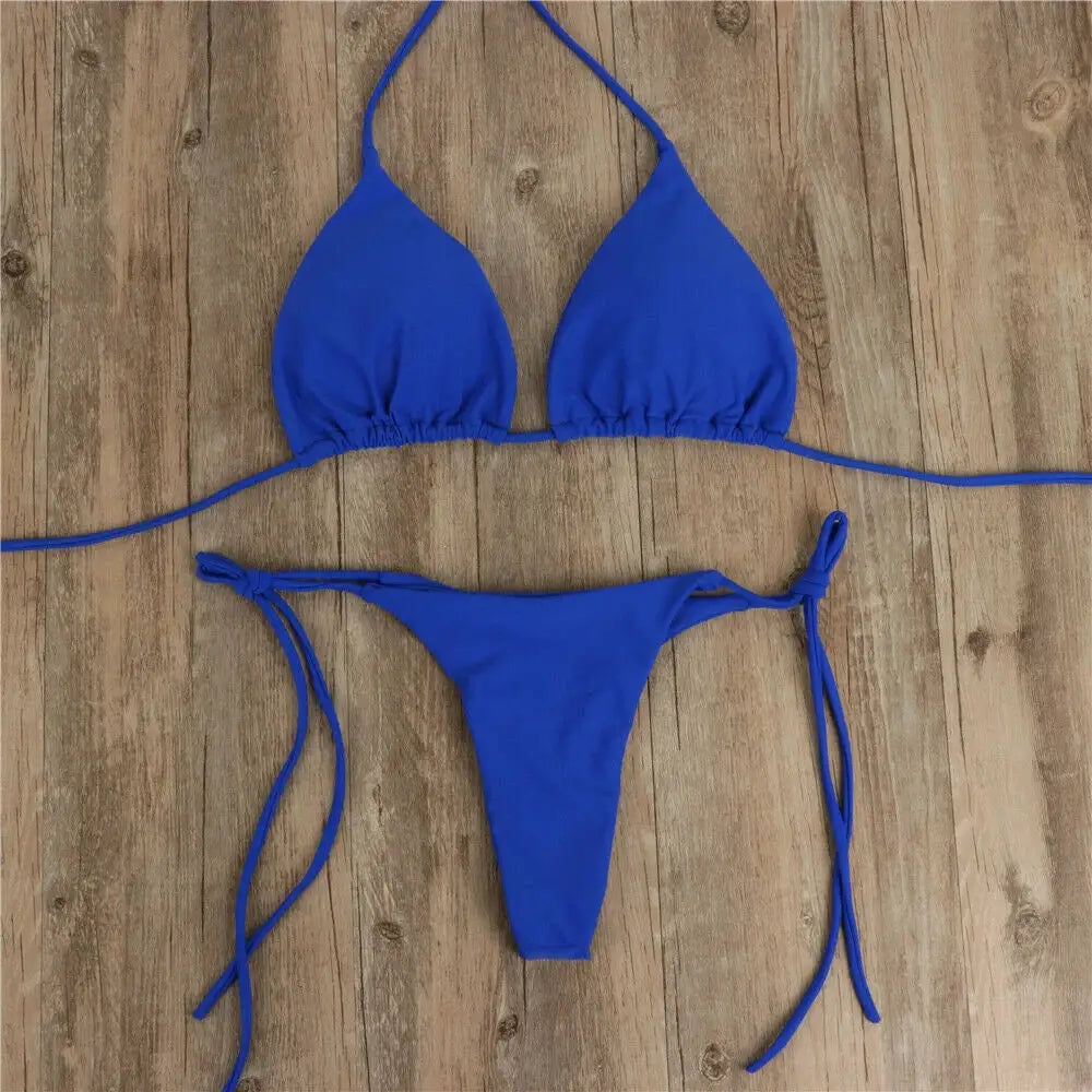 Women's blue tie-side string bikini set with triangle top and thong bottom