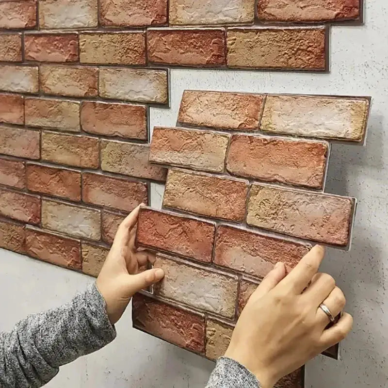 Self-adhesive 3D brick wall panel by Simples Market; waterproof brick wallpaper in red-brown tones.