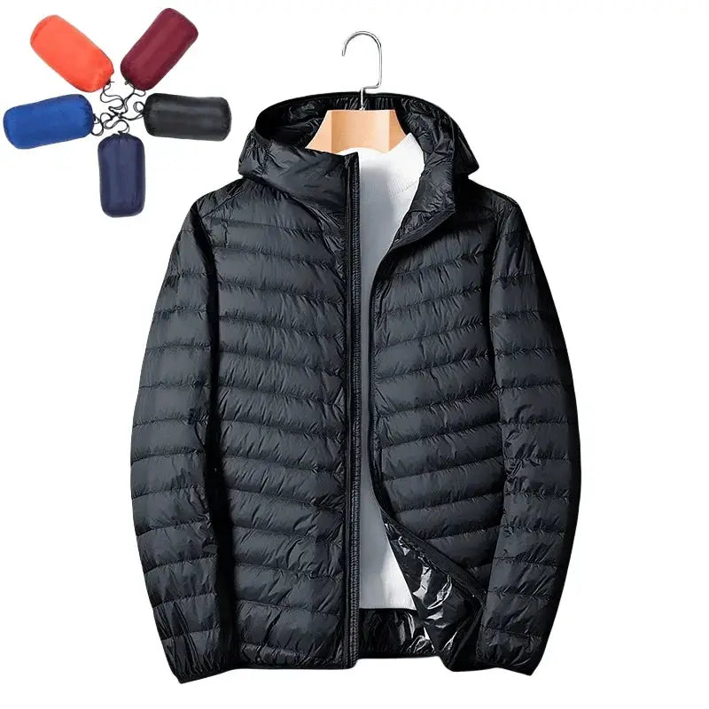 UETEEY men's black down jacket by Simples Market, ultralight hooded puffer with windproof waterproof shell