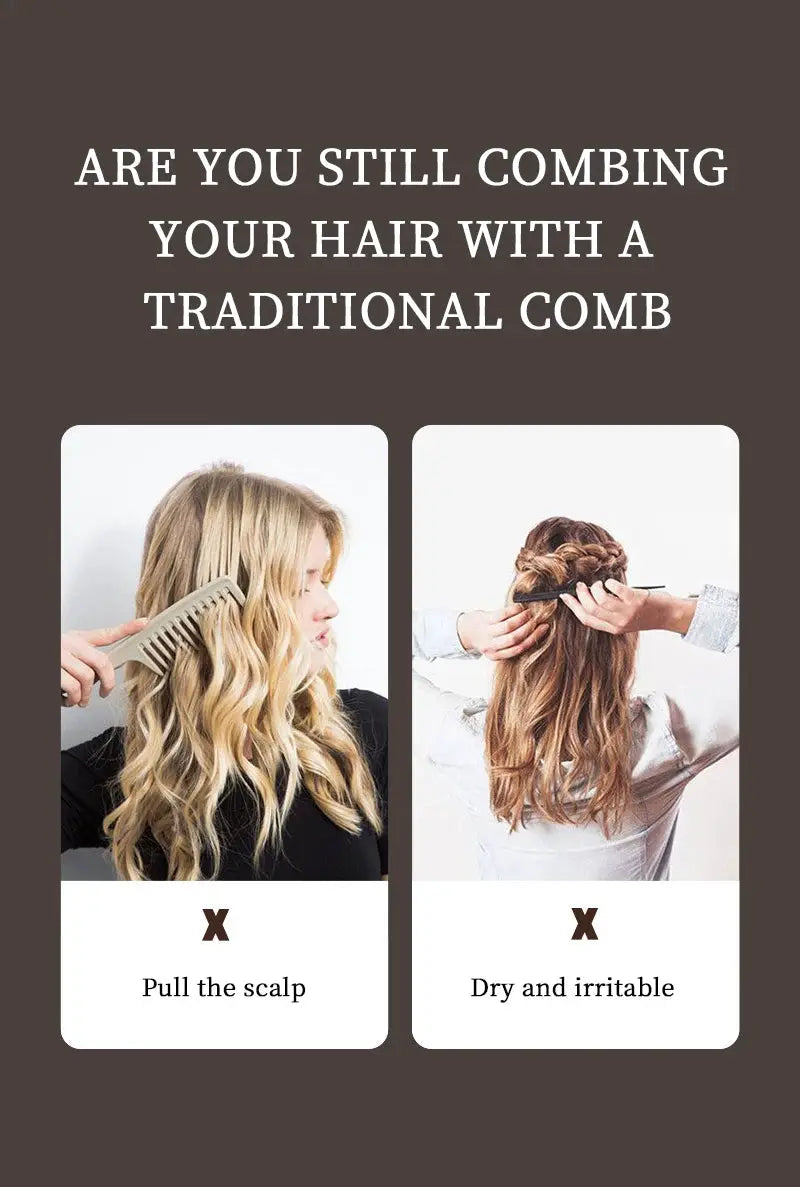 Detangling hairbrush with beige airbag scalp-massage design for dry or wet curly hair; two-panel display