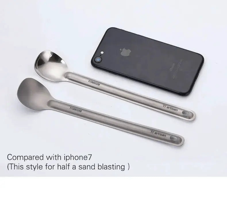 Tiartisan titanium long-handle cutlery set; two ultralight camping utensils (spoon and spatula) with brushed metal finish.