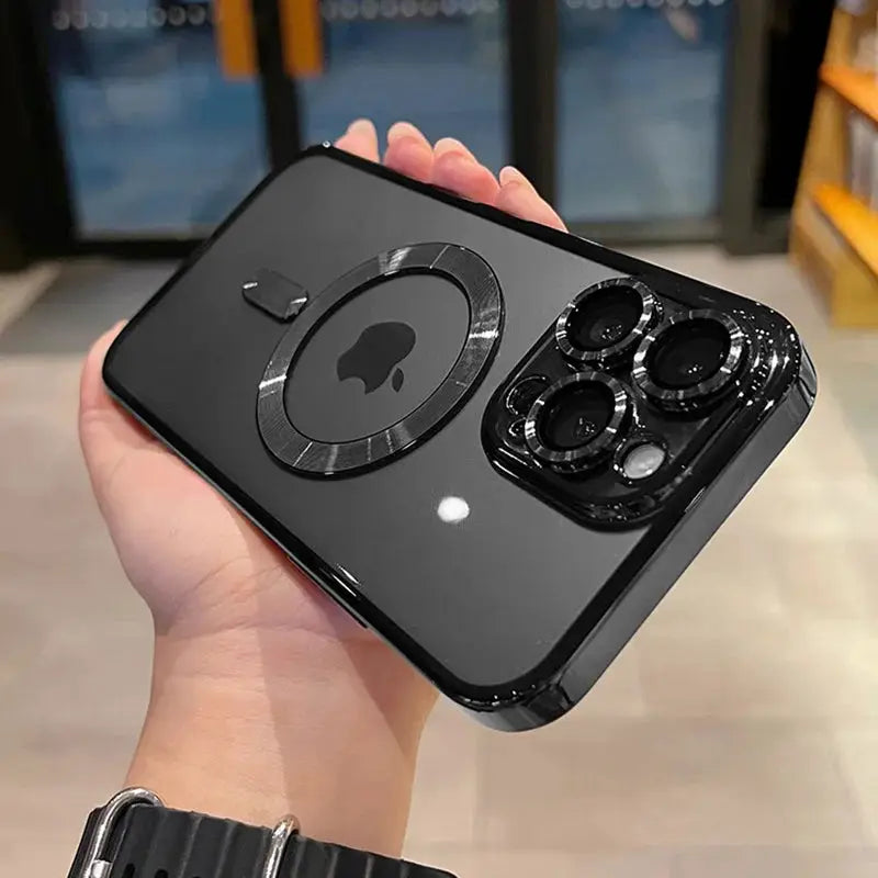 Luxury magnetic clear MagSafe case for iPhone with black glossy back and circular magnet ring near the camera module