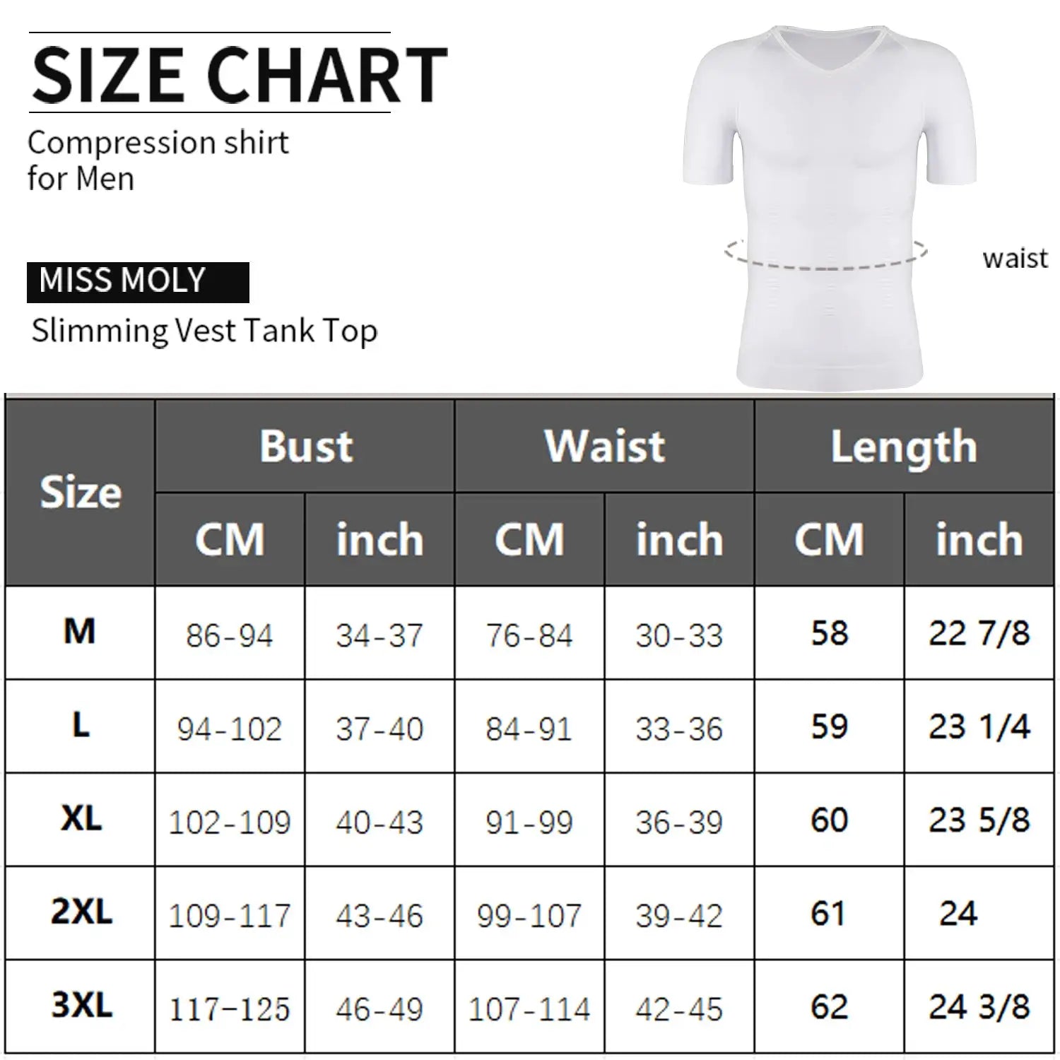 Miss MOLY men's white short-sleeve compression T-shirt with V-neck and tummy control; size chart below