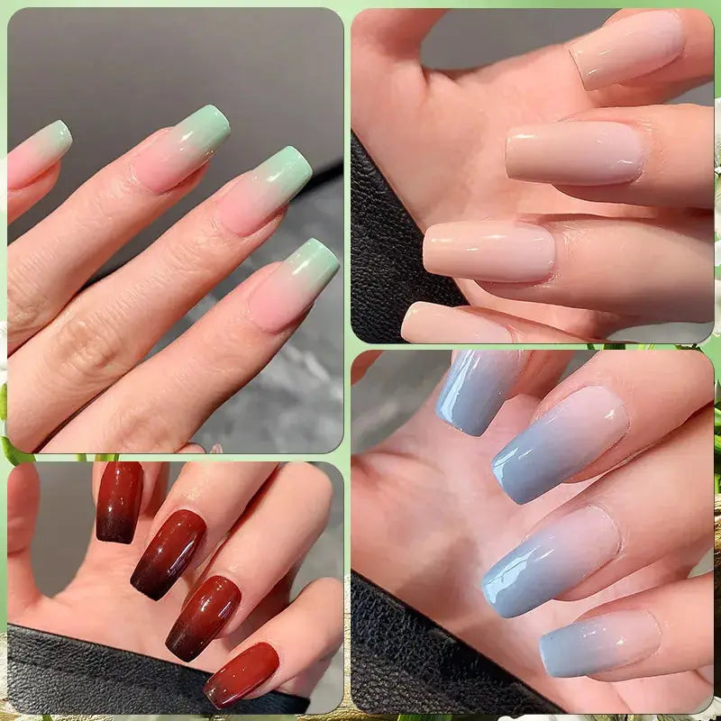 Simples Market gradient press-on nail decals, 14/16 tips, self-adhesive, 4-piece set in nude, mint, blue, burgundy.