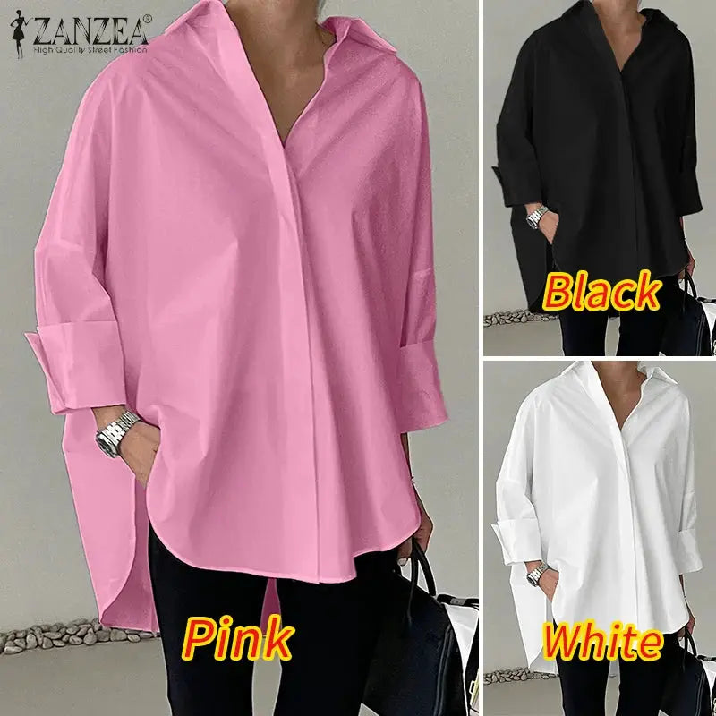 ZANZEA oversized high-low blouse with turn-down collar and long sleeves, pink, black and white (3-color set)