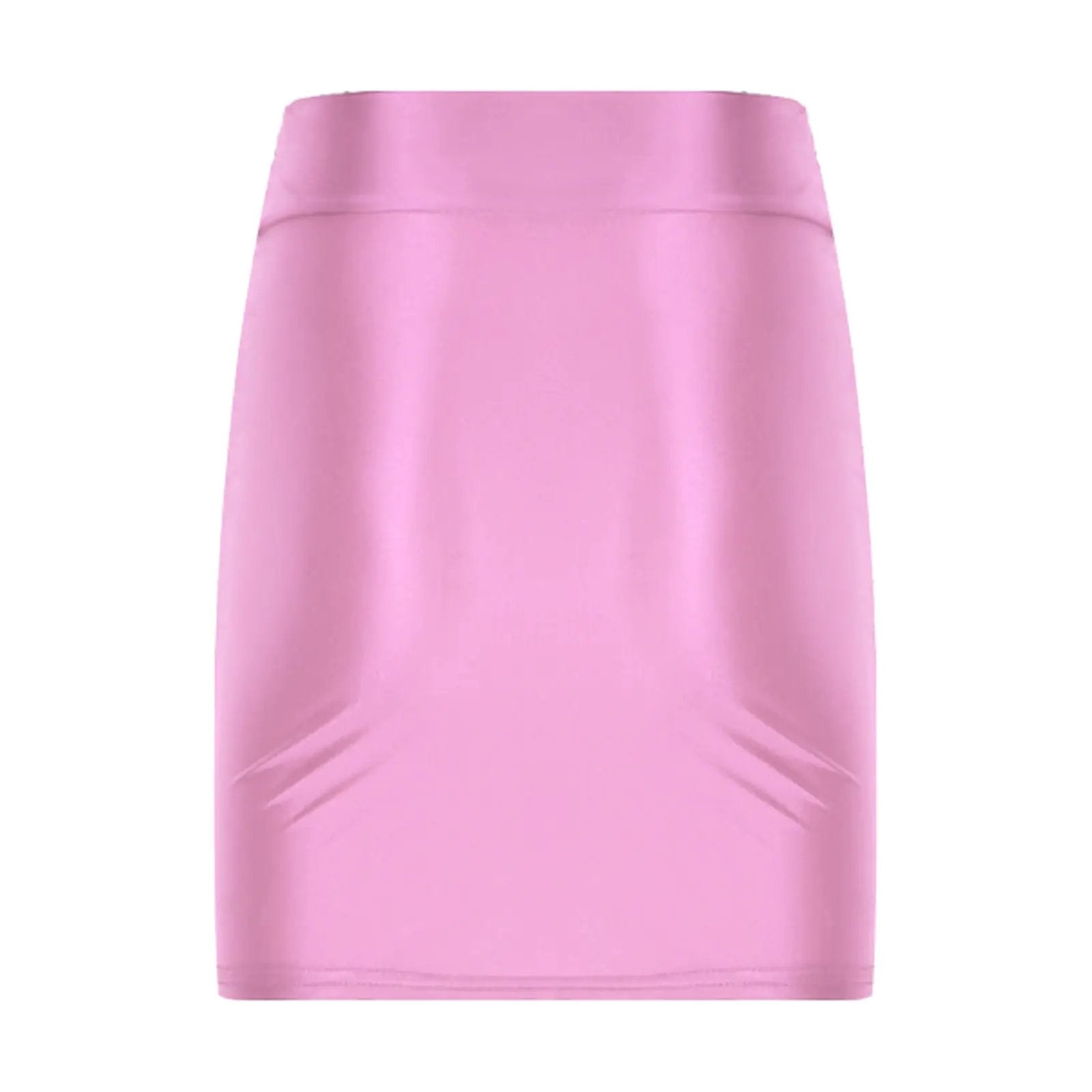 Pink glossy patent-leather mini skirt for clubwear, low-rise silhouette with smooth finish