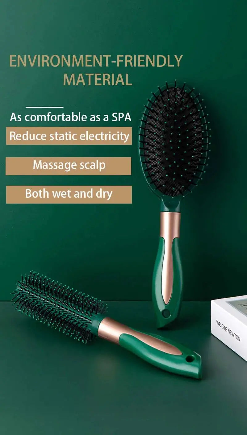 KLINA air-cushion hair brushes, green with copper accents, anti-static scalp detangling tools by Simples Market