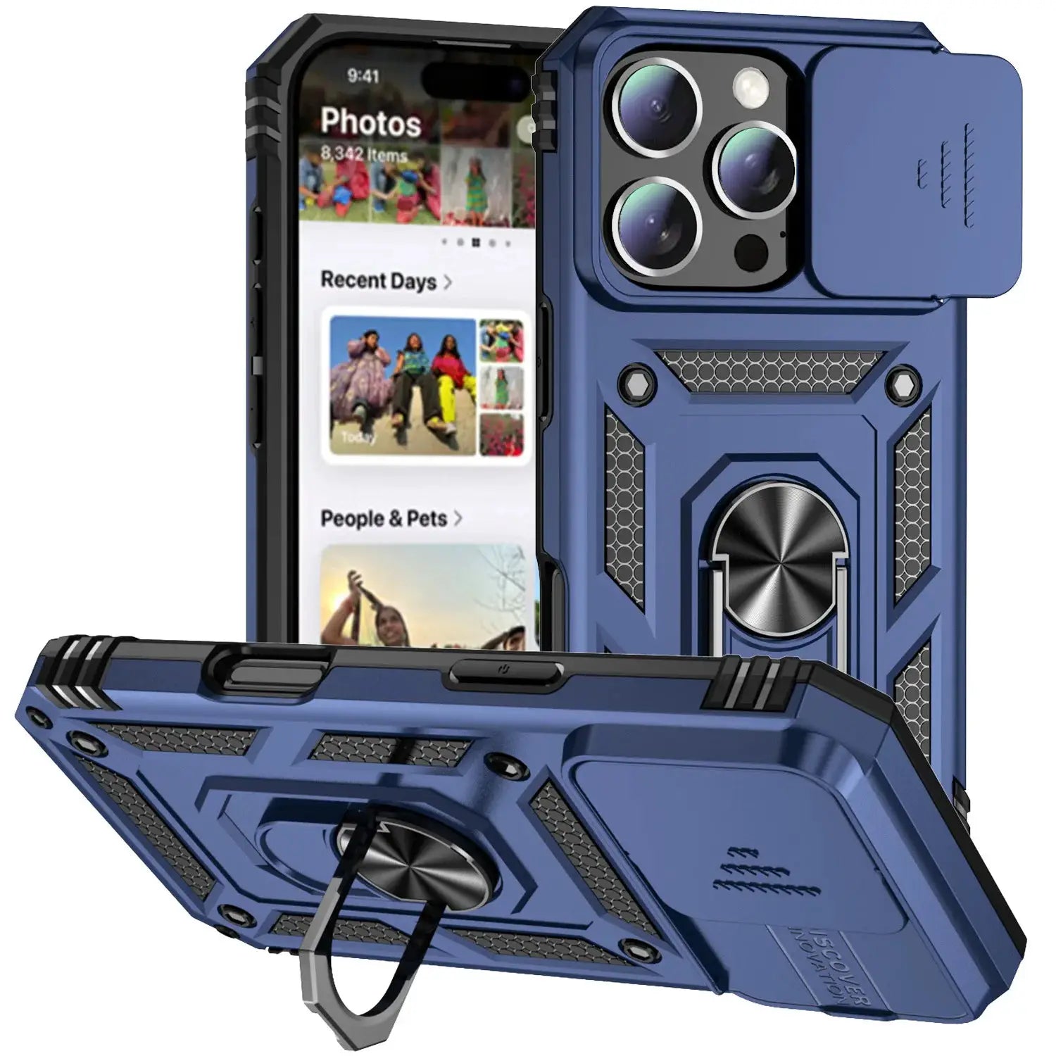 Two blue Ring Stand Armor Cases for iPhone by Simples Market with rotating camera lens cover